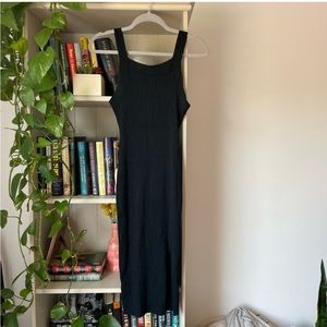 Black, square neck, ribbed midi dress with slit